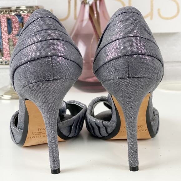 Max Studio Silver Fabric Peep Toe Heels with Flower detail in Size 6 1/2M - Picture 9 of 15